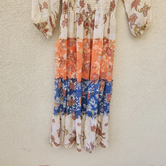 FIG & FLOWER Maxi Dress Women's Large Petite Prarie Tiered Chiffon Boho Puff Slv - Picture 9 of 14